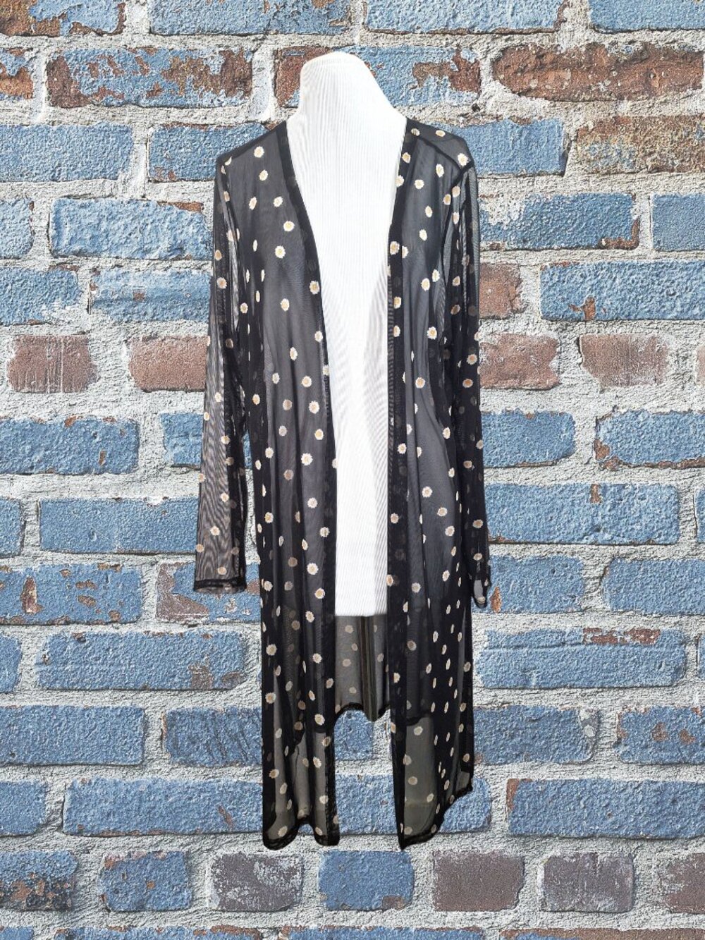 Jolie & Joy Size 2X Lightweight Sheer Duster Cardigan Black with Design